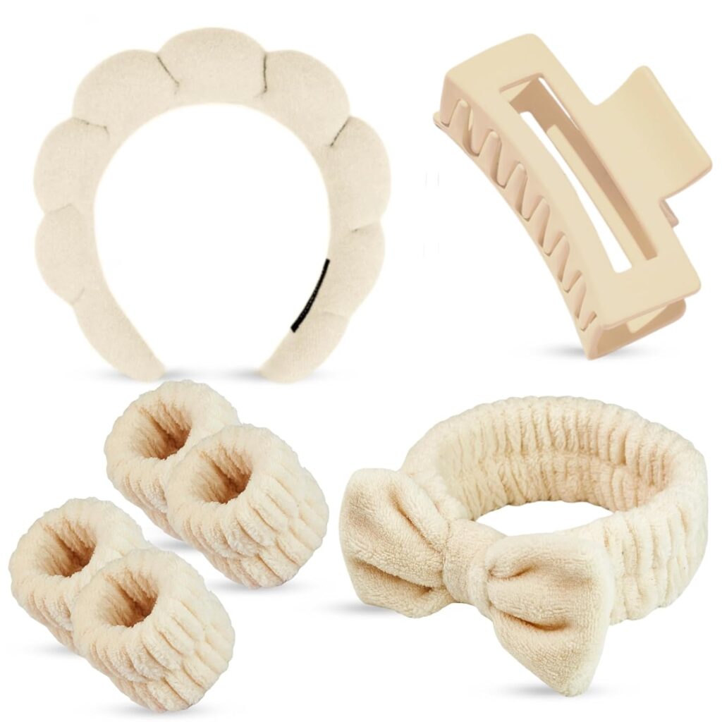 7 Pcs Spa Set, Facial Headband and Wristband Set, Skincare Accessories, College Style Girl Idea Gifts, Hair Accessories for Women and Girls (Khaki)